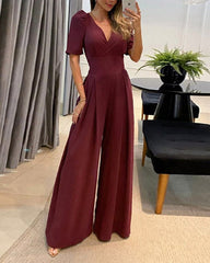 Clidress V Neck Puff Shoulder Wide Leg Jumpsuit