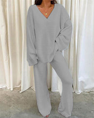 Clidress Solid V Neck Warm Soft 2 Pieces Set