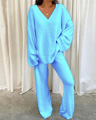 Clidress Solid V Neck Warm Soft 2 Pieces Set