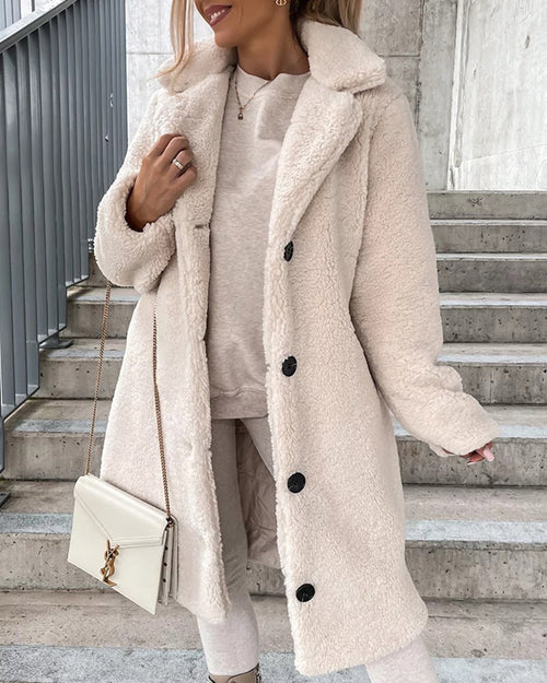 Clidress Lapel Faux Fur Warm Flannel Long  Coat