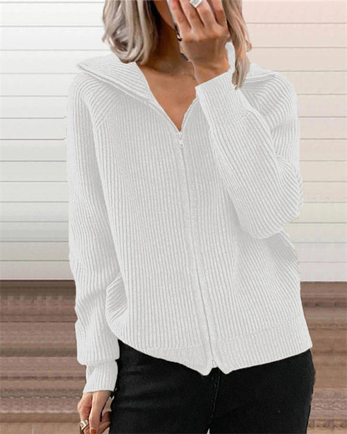 Clidress Lapel Zipper Knitting Sweater Jacket