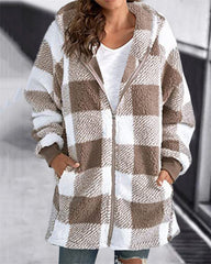 Clidress Hooded Plaid Zipper Roomy Fit Coat
