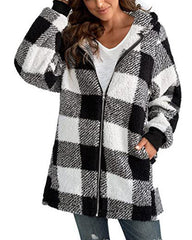Clidress Hooded Plaid Zipper Roomy Fit Coat