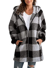 Clidress Hooded Plaid Zipper Roomy Fit Coat
