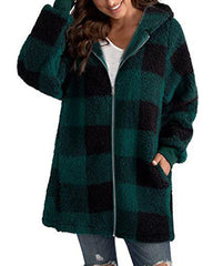Clidress Hooded Plaid Zipper Roomy Fit Coat