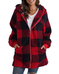Clidress Hooded Plaid Zipper Roomy Fit Coat