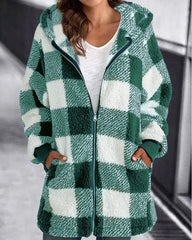 Clidress Hooded Plaid Zipper Roomy Fit Coat