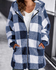 Clidress Hooded Plaid Zipper Roomy Fit Coat