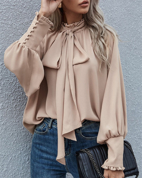 Clidress Bow Tie Bubble Sleeve Blouse Top