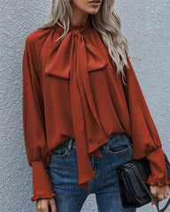 Clidress Bow Tie Bubble Sleeve Blouse Top