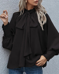 Clidress Bow Tie Bubble Sleeve Blouse Top