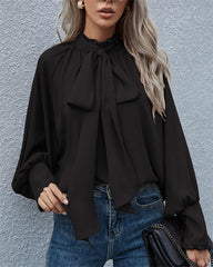 Clidress Bow Tie Bubble Sleeve Blouse Top