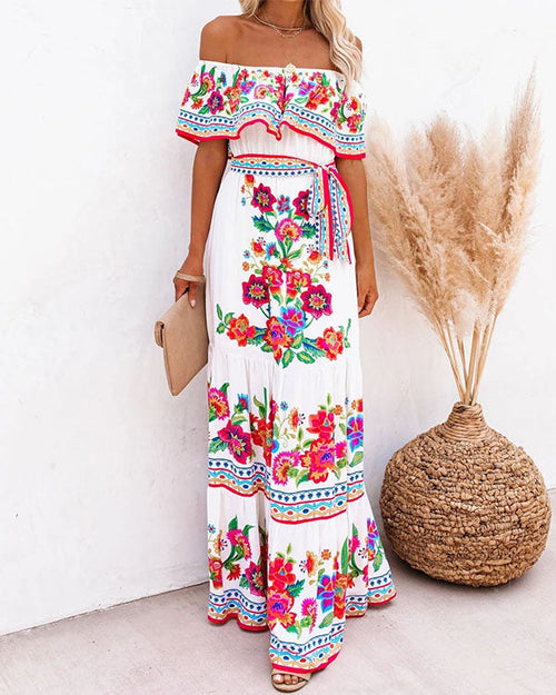 Clidress Off Shoulder Ruffled Flower Boho Maxi Dress