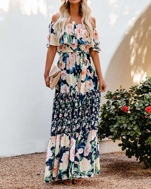 Clidress Off Shoulder Ruffled Flower Boho Maxi Dress