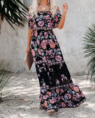 Clidress Off Shoulder Ruffled Flower Boho Maxi Dress