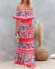 Clidress Off Shoulder Ruffled Flower Boho Maxi Dress