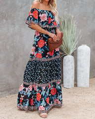Clidress Off Shoulder Ruffled Flower Boho Maxi Dress