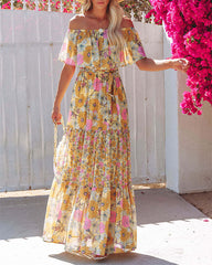 Clidress Off Shoulder Ruffled Flower Boho Maxi Dress