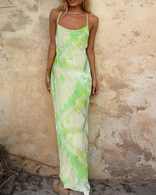 Clidress Slip Backless Tie Dye Maxi Dress