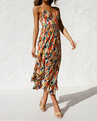 Clidress V Neck Slip Colorful Printed Boho Dress
