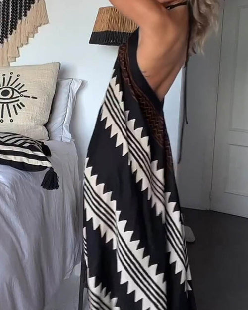 Clidress Hanging Neck Backless Boho Maxi Dress