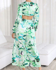 Clidress V Neck Printed Puff Sleeve Cold Waist Jumpsuit