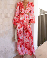 Clidress V Neck Printed Puff Sleeve Cold Waist Jumpsuit