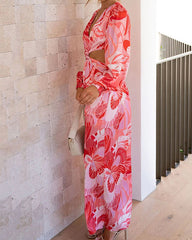 Clidress V Neck Printed Puff Sleeve Cold Waist Jumpsuit