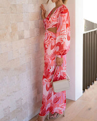 Clidress V Neck Printed Puff Sleeve Cold Waist Jumpsuit