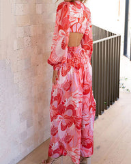 Clidress V Neck Printed Puff Sleeve Cold Waist Jumpsuit