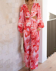 Clidress V Neck Printed Puff Sleeve Cold Waist Jumpsuit