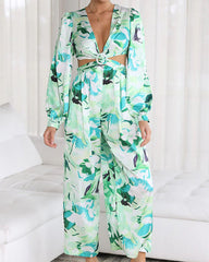 Clidress V Neck Printed Puff Sleeve Cold Waist Jumpsuit
