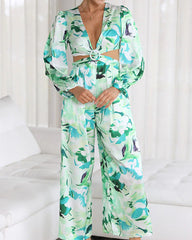 Clidress V Neck Printed Puff Sleeve Cold Waist Jumpsuit