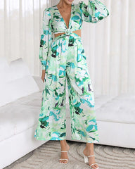 Clidress V Neck Printed Puff Sleeve Cold Waist Jumpsuit