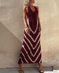Clidress Halter V Neck A Line V Printed Dress