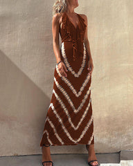 Clidress Halter V Neck A Line V Printed Dress