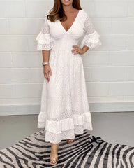 Clidress V Neck Cotton Hollow Out Maxi Dress