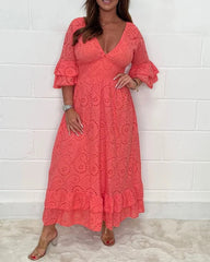 Clidress V Neck Cotton Hollow Out Maxi Dress