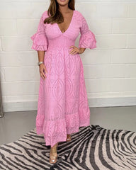 Clidress V Neck Cotton Hollow Out Maxi Dress