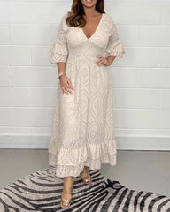 Clidress V Neck Cotton Hollow Out Maxi Dress