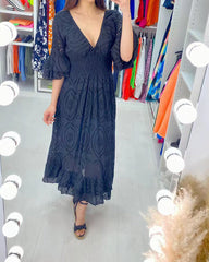Clidress V Neck Cotton Hollow Out Maxi Dress