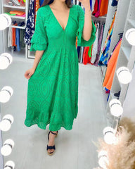 Clidress V Neck Cotton Hollow Out Maxi Dress