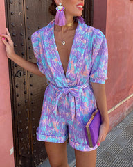Clidress V Neck Puff Sleeve Dopamine Jumpsuit