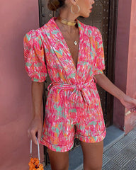 Clidress V Neck Puff Sleeve Dopamine Jumpsuit