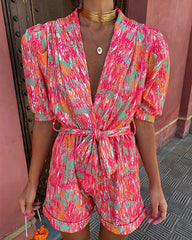 Clidress V Neck Puff Sleeve Dopamine Jumpsuit