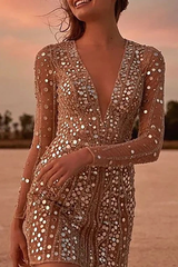 Clidress Sequin Deep V Neck Party Queen Dress