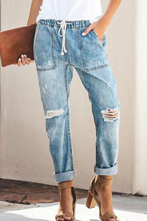 Clidress Elastic Waist Ripped Jeans