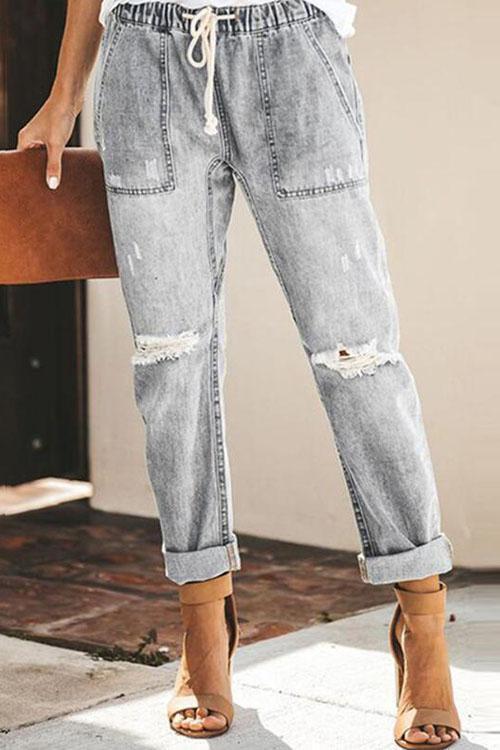 Clidress Elastic Waist Ripped Jeans