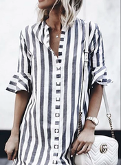 Clidress Striped Vintage Button Up Shirt Dress