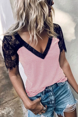 Clidress Lace Sleeve Striped T-shirt